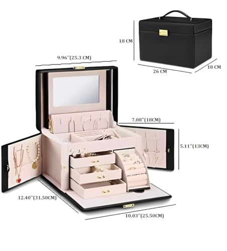 Image of KRISHYAM Jewelry Box, 4 Layer Leather Jewelry Boxes, Jewelry Organizer with Mirror and Lock for Girls Women Bracelets Rings Necklaces Earrings (Black)