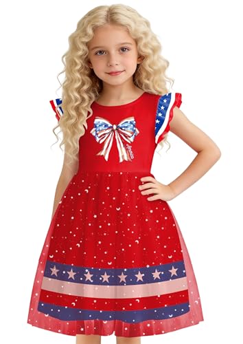 Image of Girls 4th of July Dress American Patriotic Outfit USA Independence Day Clothes Flutter Sleeve Tulle Tutu Dress 5-14y