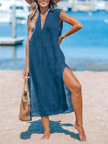Image of CUPSHE Women's Swimsuit Coverup Casual Sleeveless Side Split Long Cardigans V Neck Midi Beach Dress