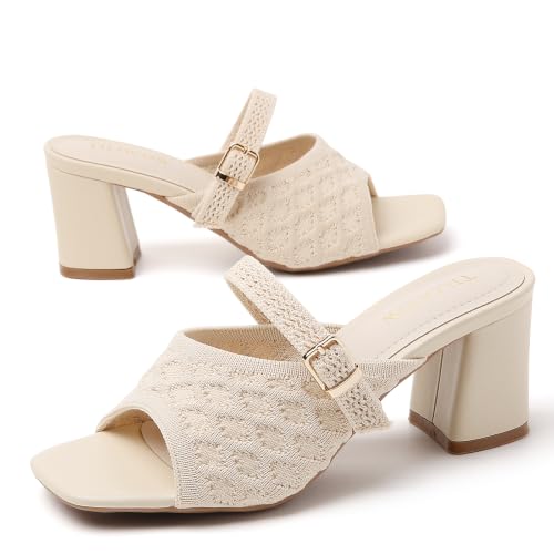 Image of Tilocow Knit Heeled Sandals for Women Square Open Toe Heeled Mules Chunky Block Low Heel Slip On Slides