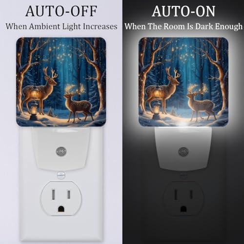 Image of NEWzone Reindeer Starry Night Nature Forest Night Light Set of 2, Auto Sensor LED Dusk-to-Dawn Nightlights, Plug-in Sensor Lamp for Bedroom Bathroom Kitchen Hallway Stairs Decorative
