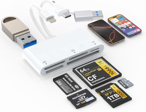 Lector de Tarjetas SD 6 en 3 Lightning+USB-C+USB-A Tarjetas de Memoria SD/Micro SD/TF/XD/MS/CF Card Rearder Múltiple Adaptador Compact Flash USB 3.0 OTG Hub para iPhone/Windows/Mac/Linux/Android