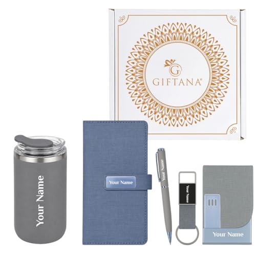 Image of Giftana Personalized Diary with Pen, Coffee Tumbler 350ml, Keychain, Card holder Gift Set for Men and Women, 5 in 1 Personalised Gifting Items, New Year Corporate Gifts for Employee (Grey)