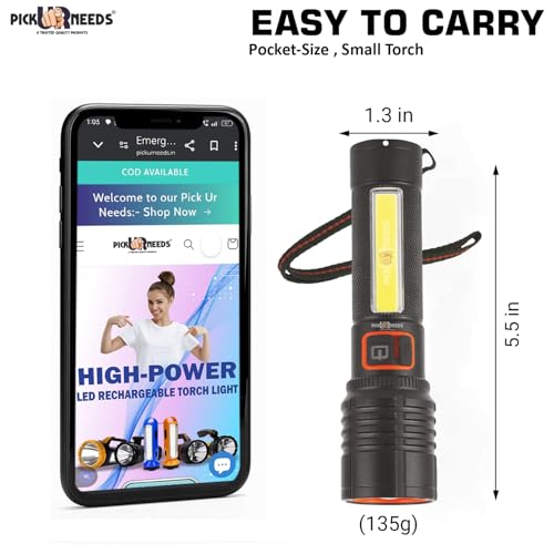 Image of Pick Ur Needs Rechargeable 100W Aluminium Body Home Emergency Mini Search Torch Light Zoomable with 3 Mode + Side COB with 2 Mode 1200mAH Battery