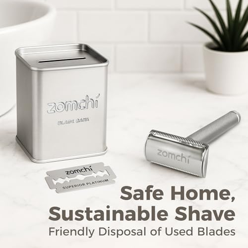 Image of ZOMCHI Razor Blade Bank for Used Double Edge Safety Razor Blades, Silver | Metal Disposal Case With Slot Opening, Sealed Body, Compact Size, Helps Keep Used Blades Contained For Bathroom Or Travel