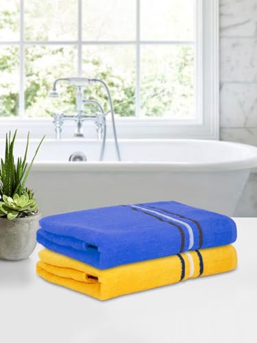 Image of Cortina 480 GSM Ultra Soft, Super Absorbent, Antibacterial Treatment, 100% Cotton Large Bath Towel, 70 cms x 140 cms (Blue /Yellow, Set of 2)