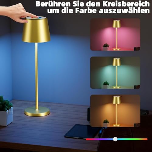 Keepoo Tischlampe Kabellos Dimmbare LED Akku Tischleuchte, Wiederaufladbar Warme Lichtfarbe 3000K+RGB Aluminium Outdoor Tischlampe wasserdicht für Restaurant,Schlafzimmer,Bar,IP54 (Gold 1 Stück)