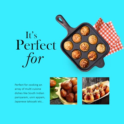 Image of Kichera Cast Iron 9 Cavity Paniyaram pan Long Handle 7 Inch, 2.4kg | Paddu Maker |Ponganalu Kallu | Appam Chatti |Pre-Seasoned & Naturally Non-Stick | Induction Friendly Pure & Toxin-Free Appachatty