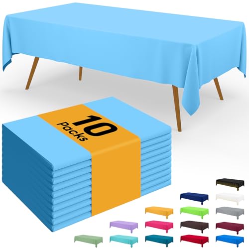 Image of Smiry Disposable Table Cloth - 10 Pack, 54 x 108 Inch Waterproof Rectangle Tablecloths for Parties, Decorative Plastic Table Cover, Leakproof & Sturdy, Light Blue