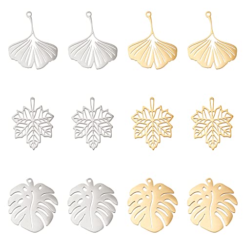 DICOSMETIC 12 Stück 3 Stil 2 Farben Edelstahl Hohl Baum Blatt Anhänger Monstera Blatt Charms Ginkgo Blatt Charms Zweig Blätter Charms Für Armband Halskette Ohrringe Herstellung Cover