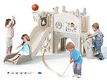 Kids Slide, large toddler slide with basketball hoop, climbing frame for the garden, telescope, storage space, slide, extra long slide 170cm (Six-in-one elk slide-beige gray))