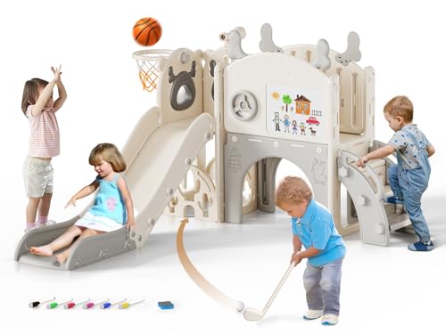 Krovtoy Kleinkindrutsche mit Weihnachtselch-Motiv, freistehende Kleinkindrutsche mit Golf-Set, Babyrutsche, Spielplatzgerät, für den Innen- und Außenbereich (Grau Beige - 6 in 1)