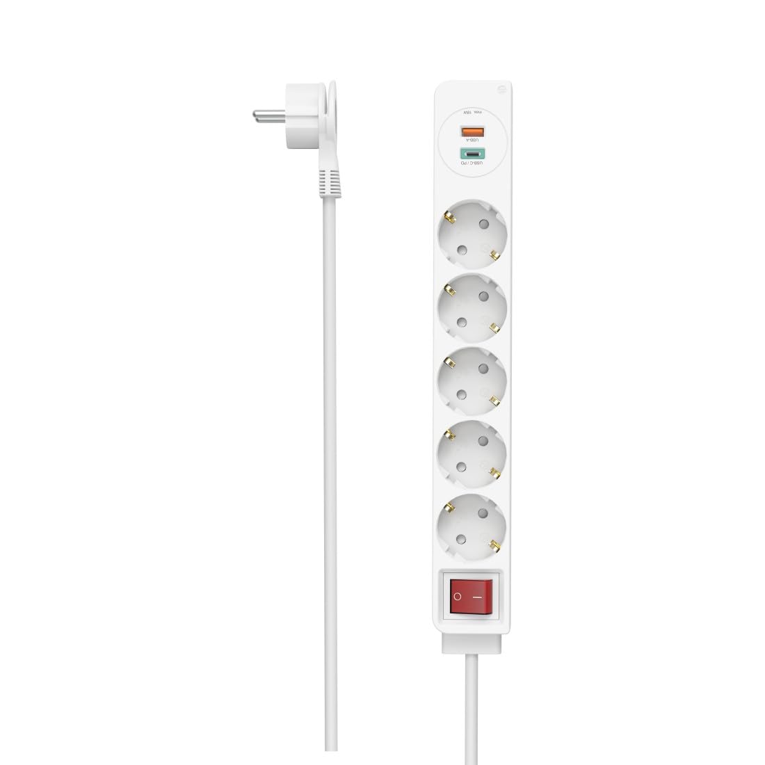 Hama Regleta 5 Enchufes con USB-C y USB-A – 18W PD, Interruptor Individual, Cable Plano 1,4 m, Protección Infantil, Color Blanco
