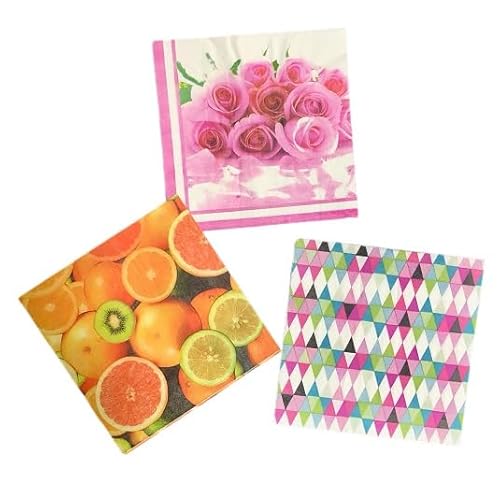 ペーパーナプキン 3種類 各5枚入 15枚入 紙ナプキン デコパージュ素材 アソート ハンドメイド 花柄 フラワー 薔薇 ピンクローズ 縁取り フルーツ 果実柄 オレンジ 三角 カラフル 幾何学模様
