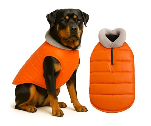 Image of The Pets Company Dog Winter Coat Jacket, Clothes, Windproof, Waterproof, Light Weight, Washable, Ultra Warm Thick Fleece Lined Dog Vest for Cold Weather Protection, (Orange, X-Large - 28 Inch)
