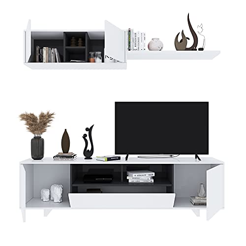 Eglemtek Parete Attrezzata Swiss Mobile Soggiorno Tv Con Mensola Salotto Legno Base Televisione Sala Da Pranzo Design Moderno 200 X 41 X 46 Cm Colore Bianco - 4