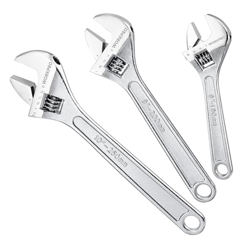 WORKPRO 3-Piece Adjustable Wrench Set, Forged Carbon Steel, Chrome-Plated, SAE & Metric Scale (6-inch, 8-inch, 10-inch)