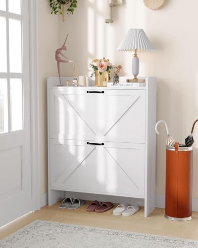 GarveeMore Meuble à Chaussures étroit avec 2 tiroirs abattants – Rangement dissimulé pour entrée, Couloir ou Chambre – Design Fin sur Pieds en métal – Blanche