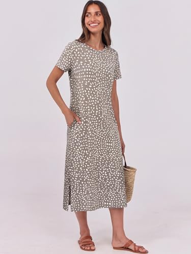 Image of ANRABESS Womens Midi Dress,Summer Long Tshirts Dresses,Short Sleeve Split Stripe,Comfy Travel Beach Vacation Casual Wear