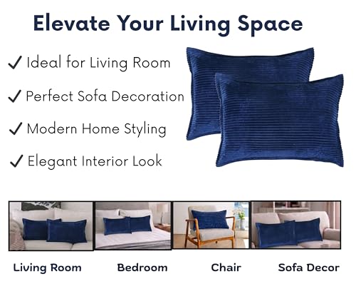 Image of RD TREND Corduroy Cushion Cover Set of 2, Striped Double Sided Decorative Throw Pillowcases for Sofa, Bed & Living Room Rectangular Long Cushion Covers 18x28 inches | Navy Blue