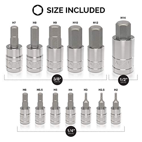 Neiko 10074A Hex Bit Socket Set, Metric, 2mm to 14mm | 13-Piece Set, S2 and Cr-V Steel, 1/4”, 3/8” and 1/2-Inch Drive