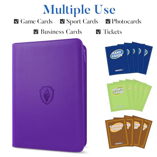 Image of Premium Zip Card Binder, Fabmaker 9 Pocket Trading Card Binder, PU Cover Zipper Card Collection Album, Sturdy 360 Side-Loading Card Folder Holder for Game & Sports Cards, Purple