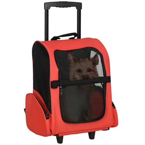 HOMCOM Transportin Carrito Perro 2 en 1 Mochila Carrito 42x25x55 cm Mascotas Perro Gato Rojo