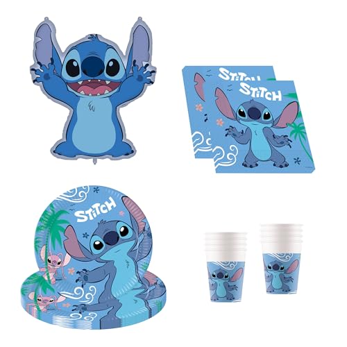 Procos - Vaisselle de fête Disney Stitch, 37 pièces de décoration d'anniversaire comprenant 8 assiettes en carton, 8 gobelets en carton, 20 serviettes et un ballon en plastique, décoration de table