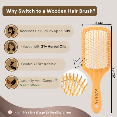 Image of Neem Wooden Hair Brush, Soaked in 21+ Herbs Amla & Bhringraj Oils | Anti-Static Detangling Brush Reduces Dandruff, Frizz & Breakage (Kacchi Neem Wood Bristles)