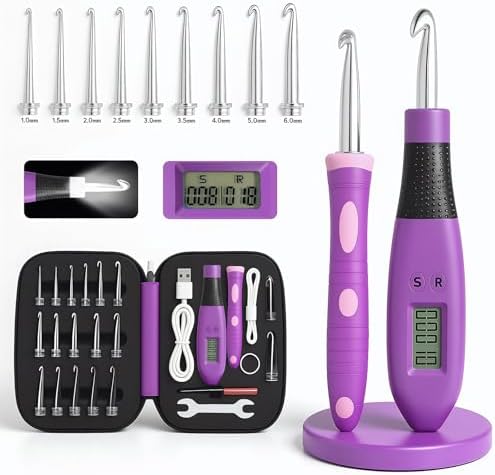 Transplant Crochet Hook Set with Stitch Counter,Crochet Kit with 18 Different Size Interchangeable Crochet Needle,Ergonomic with 2 Levels Led and Digital Stitch Counter for Crocheting and Knitting