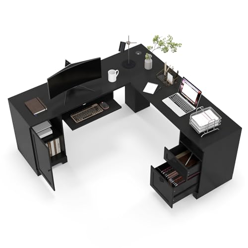 GIANTEX Eckschreibtisch, L-förmiger Computertisch mit Schubladen & Schrank & offenem Fach & Tastaturablage, Bürotisch & Gaming-Tisch für Heimbüro, Wohnzimmer, Büro, Schwarz/Braun (Schwarz)