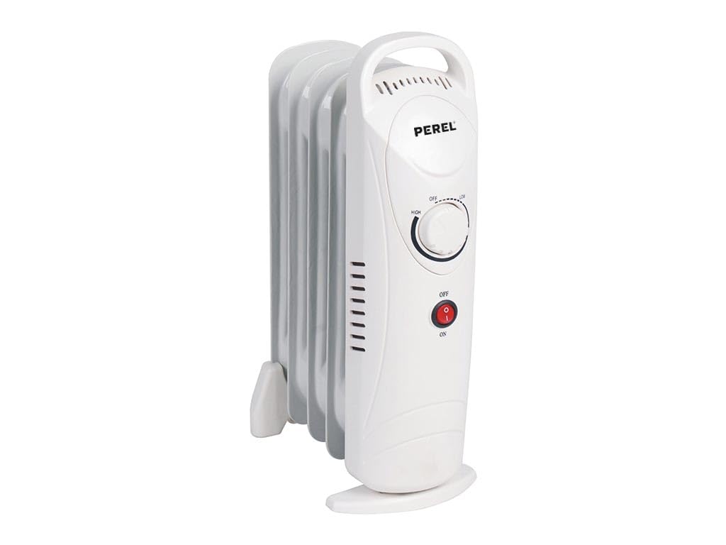 Perel Radiatore a olio 700W con 7 alette, termostato regolabile, maniglia, ruote, protezione contro il surriscaldamento e il ribaltamento – stufa portatile silenziosa ed efficiente per stanze fino a