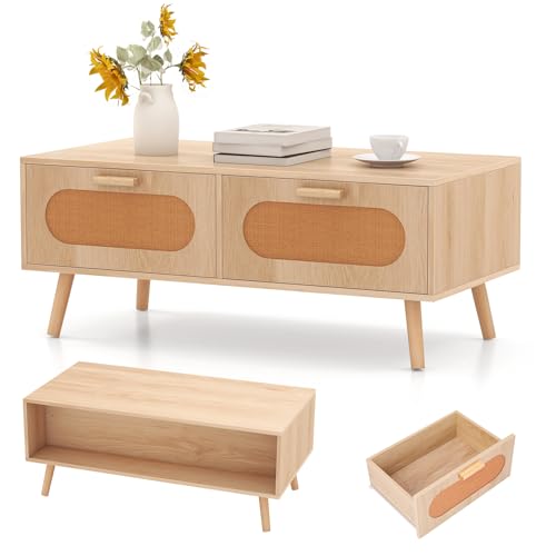 LIFEZEAL Mesa de Centro con 2 cajones y 1 Compartimento Grande, Mesa de salón con 4 Patas de Madera Maciza, Capacidad de Carga 60 KG, 100 x 50 x 41 CM, Natural, Estilo rústico