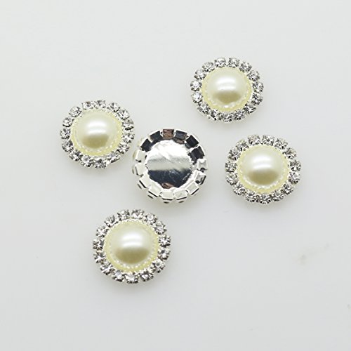Xinxi Wholesale 50 Pcs Round-Shaped Crystal Ivory Faux Pearl Rhinestone Buttons Embellishment Button Bulk,10Mm (Flatback) #TOP3