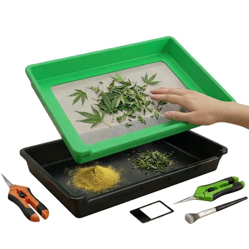 Magicbox Trimming Tray Professional Trimmschale mit XXL Edelstahlsieb (150 Mikron) Extra Tiefe Pollen-Schale & Rutschfester Boden Komplettset mit 2 Scheren und Bürste Lupe
