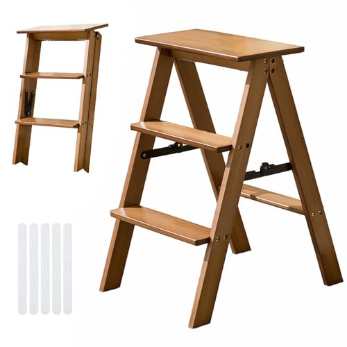 Image of Kynorva 3-Tier Wooden Folding Step Stool, Anti-Slip Step Ladder, 220LBS Load, 2-in-1 Storage Flower Rack with 5 Extra Non-Slip Strips for Home Kitchen