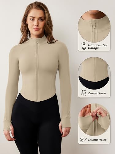 Image of AVGO Women's Workout Jacket Lightweight Zip Up Cropped Yoga Jackets Slim Fit Athletic Tops with Thumb Holes