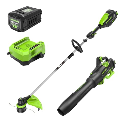 Greenworks 80V 16' Brushless Cordless String Trimmer and 700 CFM Leaf Blower Combo Kit, 2.5Ah Battery and Charger Included