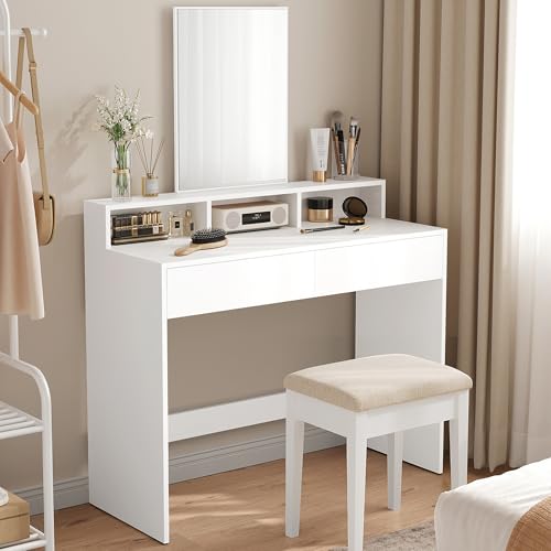 VASAGLE Tocador con Espejo Grande, tocador, 2 cajones, 3 Compartimentos Abiertos, tocador, Moderno, Blanco RDT163W01