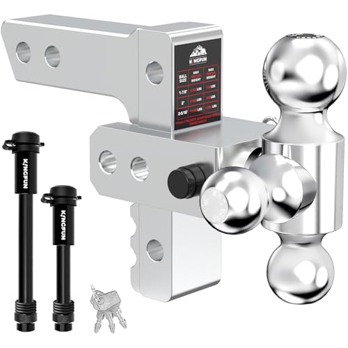 Kingfun Adjustable Trailer Hitch - Drop Hitch Fits 2 Inch Receiver, Tri Ball (1-7/8', 2', 2-5/16') 6 Inch Drop/Rise, 12500 LBS GTW Aluminum Heavy Duty Tow Hitch with Anti-Theft Pin - (Silver)