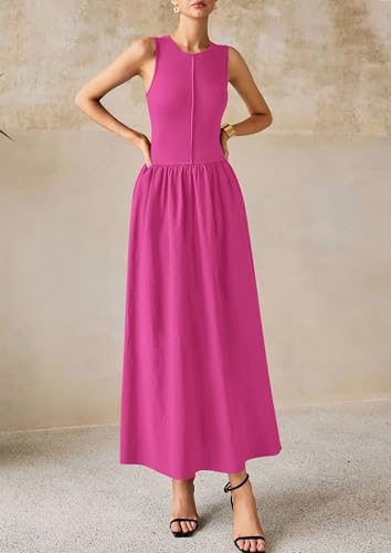 Image of PRETTYGARDEN Maxi Dresses for Women 2026 Summer Casual Sleeveless Patchwork Flowy Vacation Sundress Knit Long Work Tank Dress