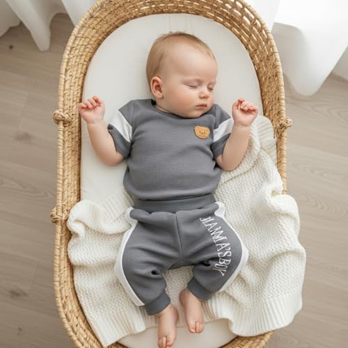 Image of Babieshouse Newborn Baby Boy Clothes Mamas Boy Bear Embroidery Long Sleeve Romper Pants Set Fall Winter Outfits 3-18 Months
