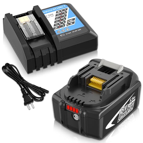 Exemoro Repuesto para makita 18 V 5,5 Ah batería + Cargador, Compatible para makita batería de 14,4 V-18 V BL1860B, BL1850B, BL1840, BL1830, BL1430 y los Cargador DC18RA, DC18RC, DC18RD. (Negro)