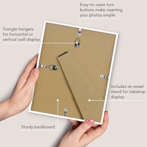 Americanflat 8x10 Picture Frame with Shatter-Resistant Glass - Streamline Collection - Thin Border Photo Frame for Tabletop and Wall Display - Hanging Hardware and Easel Stand Included - White