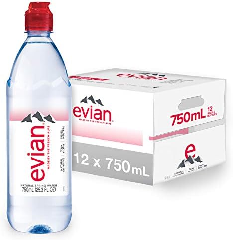 evian Natural Spring Water Individual 750 mL/25.4 Fl Oz (Pack of 12), Water Bottles with Sports Cap, Naturally Filtered Spring Water in Individual-Sized Bottles