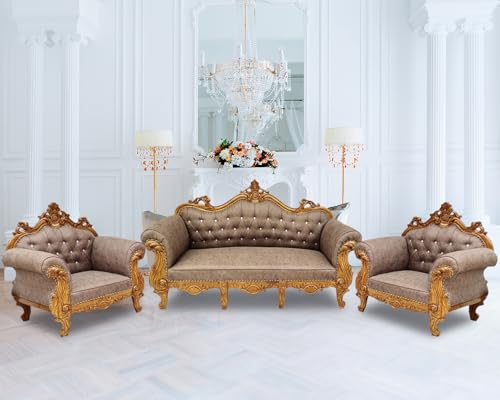 Image of Wooden 5 Seater Sofa Set | 3+ 1+1 Solid Wood Hand-Carved Brown Sofa with Gold Finish | Traditional Design Furniture for Living Room | Home | Office