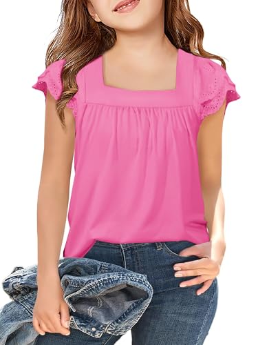 Image of Arshiner Girls Shirts Short Sleeve Square Neck Summer Lace Openwork Pleated Tops Blouse Tunic