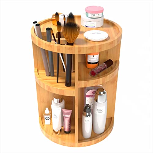 AJIAAIONE 360Â° Bamboo Makeup Organizer, Cosmetics Organizerï¼Multi-Function Storage Carousel for Makeup, Toiletries, and More â Great for Vanity, Desk, Bathroom, Bedroom, Closet, Kitchen