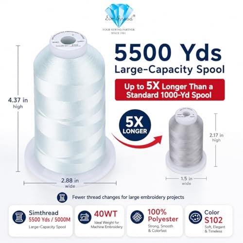 Image of Simthread 5000M 40WT Polyester Embroidery Thread, Whisper Gray S102 | 5000M 40WT polyester thread feeds smoothly for machine embroidery, monograms, logos, patches and quilting.