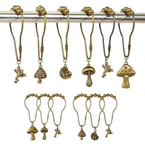 SANDOO 12pcs Frog and Mushroom Retro Shower Curtain Hooks - Cute Decorative Shower Curtain Hooks,Rustproof Metal Forest Style Boho Shower Curtain Rings for Fairytale Bathroom Decor, Housewarming Gift